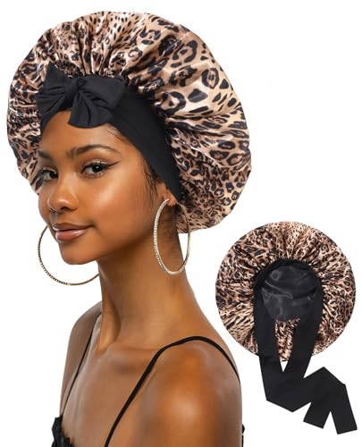 Black Leopard Large Satin Bonnet for Women - Extra Large Sleep Hair Wrap, Adjustable Tie