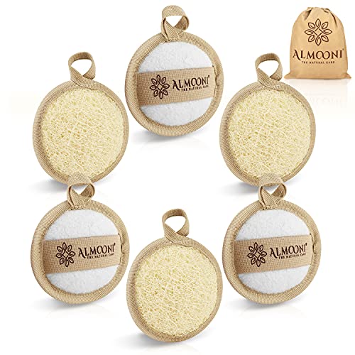 ALMOONI Natural Loofah Face Scrubber - Exfoliating Facial Pads, 6 Count