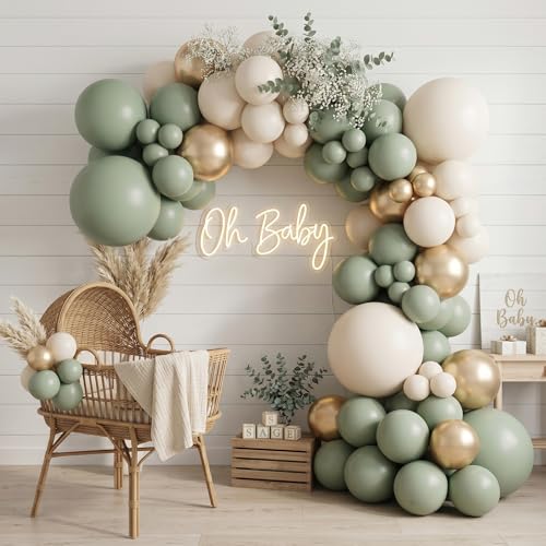 122Pcs Sage Green Cream Gold Balloon Arch Kit for Party Decor