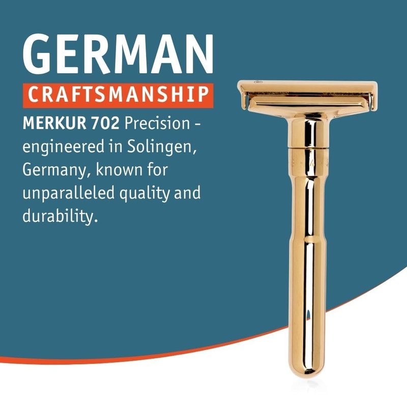 MERKUR FUTUR 702 Adjustable Double Edge Safety Razor - Bright Gold, Adjustable Razor With Dial, Made in Germany, Plastic-Free, Snap-On Cap Design, Straight Bar