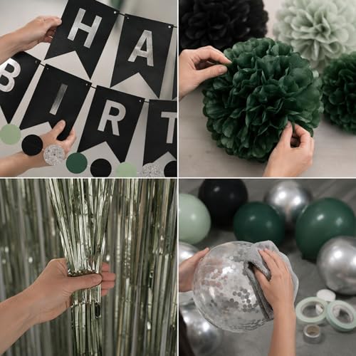 Sage Green & Black Happy Birthday Party Decorations Set - Banner, Balloons, Pom Poms & Curtain