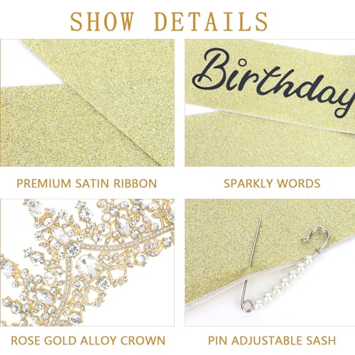 Gold Princess Crown and Glitter Sash for Birthday Party Decorations - Women & Kids