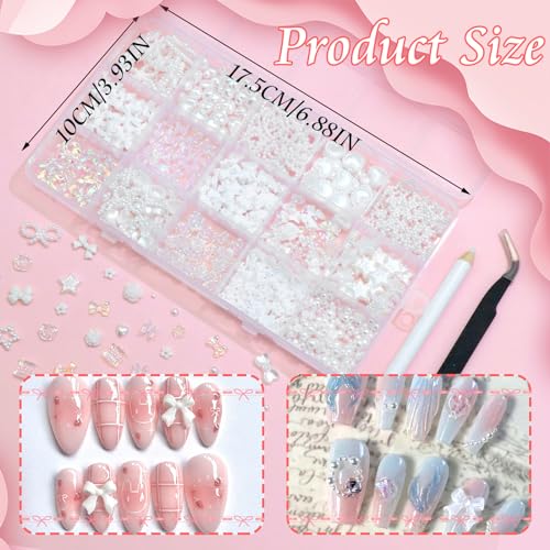 RODAKY White 3D Nail Charms Set with Bows Hearts Butterflies Assorted Decorations