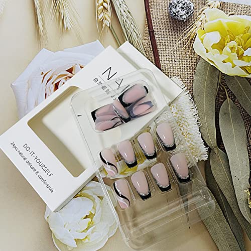 LRKNNO LM2 French Tip Press-On Nails Medium Square with Silver Glitter Line - Glossy Coffin Fake Nails for Women 24Pcs