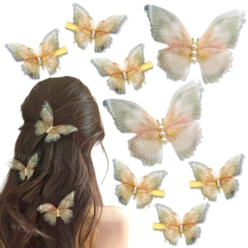 SAWINDA Gold Butterfly Hair Clips Set – 8pcs Tulle Rhinestone Hair Barrettes for Girls & Women, Moving Wings, Fairy Accessories