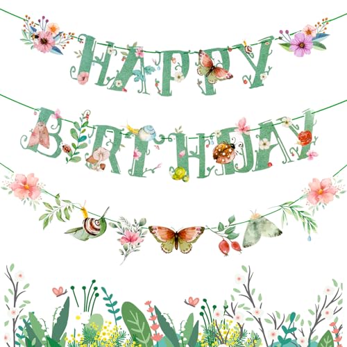 Sage Green Floral Happy Birthday Banner with Butterflies - Pre-Strung