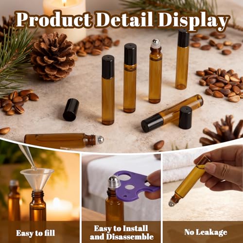 54 Pack 10ml Amber Glass Roller Bottles with Stainless Steel Roller Balls