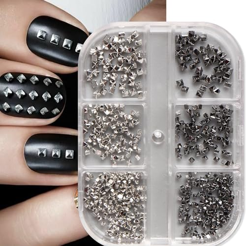 Square Spike Nail Charms Set - Black & Silver 3D Mini Studs with Pickup Pen & Tweezers (Variation: Square Spike - Silver&Black) HYWWPFLAY
