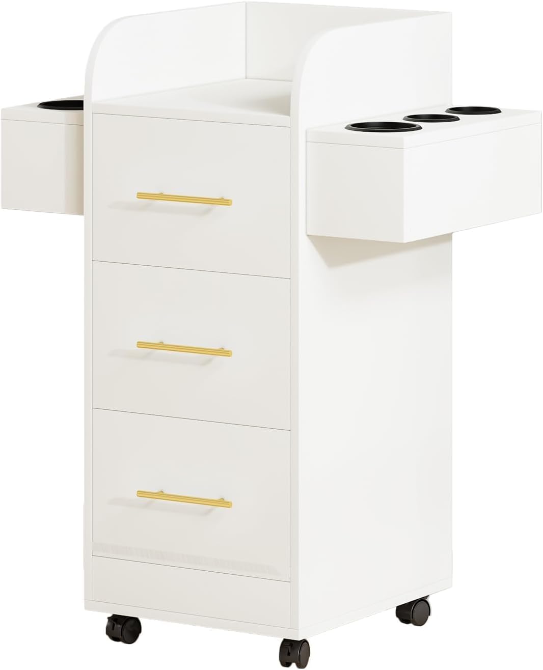 Rolling Salon Station for Hair Stylists - Mobile Trolley Cart with 6 Dryer Holders & 3 Drawers | White & Gold