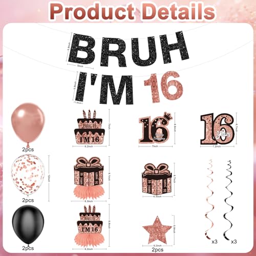 Rose Gold & Black 16th Birthday Decoration Kit - 15 Pcs