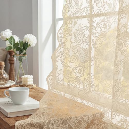 Beige Lace Curtains Set of 2 | 55x84in Floral Victorian Design