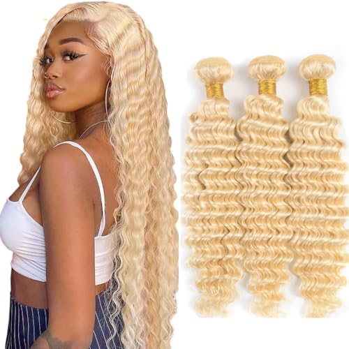 HeumHrn #613 Blonde Deep Wave Human Hair Bundles - 3 Pack Brazilian Remy