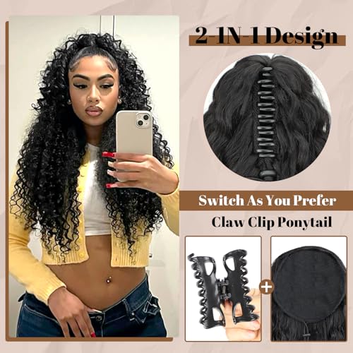 FREEMEIGE 30 Inch Long Wavy Claw Clip Ponytail Extension Synthetic Hairpiece