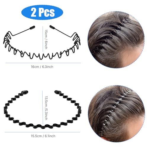 2 Pack Non-Slip Metal Hair Bands for Men & Women - Wave Design