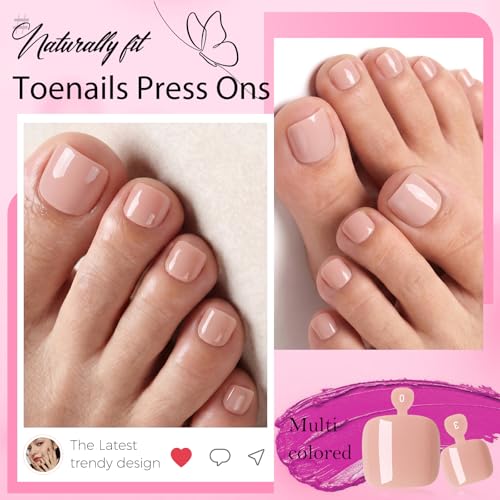 LuckForever Nude Press On Toenails 120pc Short Square Glue-On Kit for Women