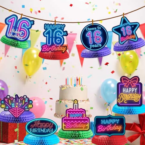 Happy 16th Birthday Honeycomb Centerpieces - 8 Pack Table Decorations