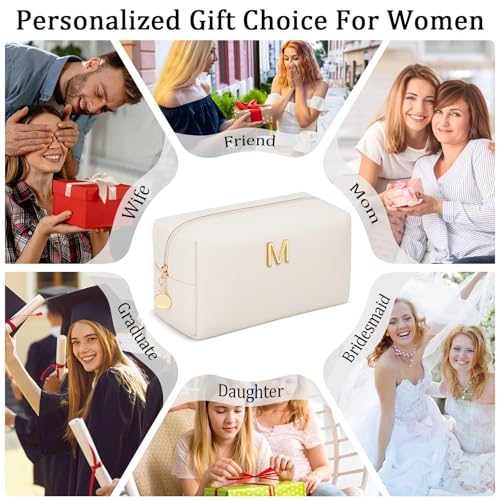 Beige Initial Makeup Bag - Personalized PU Leather Cosmetic Bag
