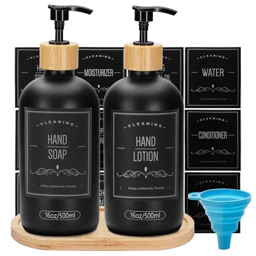 Black Glass Soap Dispenser Set with Bamboo Tray - 16 Oz, 2 Pack