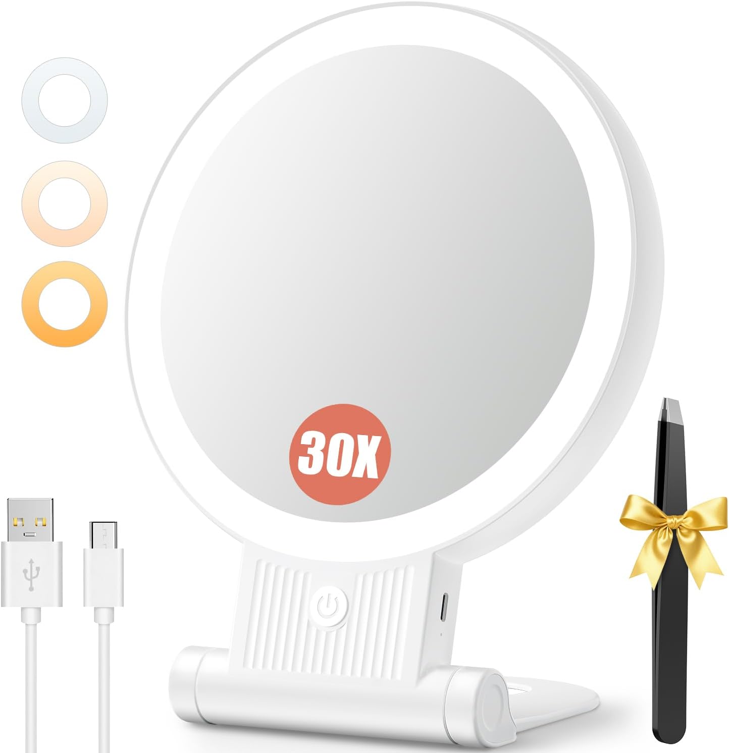 Auxmir 1X/30X Magnifying Makeup Mirror - Lighted, Double-Sided with Adjustable 3-Color Lighting | Rechargeable & Foldable Travel Design