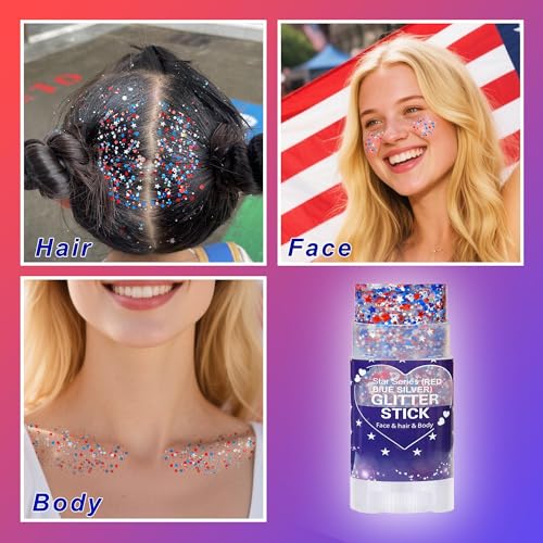 Red White Blue Hair Glitter Stick,4th of July Patriotic America Flag Star Face Body Glitter,250th Independence Day Outfits for Women, Waterproof Cheer Glitter Makeup for Soccer Game