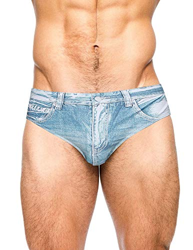 PJ PAUL JONES Men's Denim Print Swim Briefs with Drawstring Waist