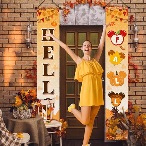 Hello Fall Porch Sign Banner - Mouse Pumpkin & Maple Leaf Decor