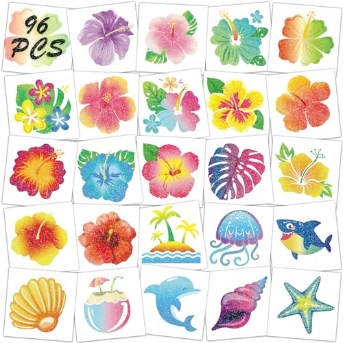 Glitter Hibiscus Temporary Tattoos - 96pcs Flower Stickers for Parties