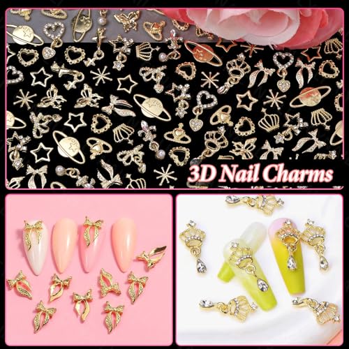 Cynailli 110 Pcs Gold Nail Charms & Gems Set - S1 Color Dangle Star Heart Bow Jewelry Accessories