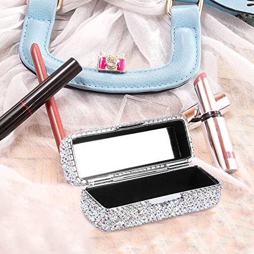 Silver Rhinestone Lipstick Case with Mirror, Bling Crystal Makeup Storage