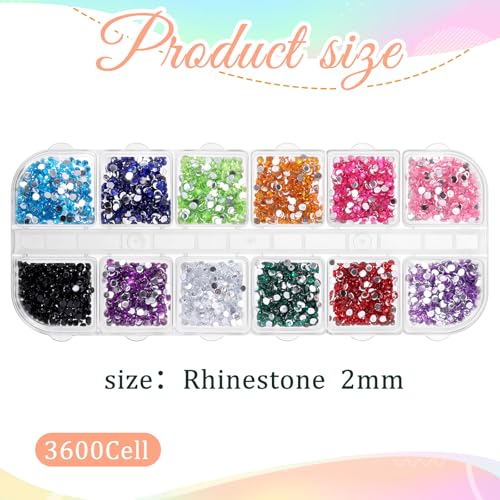 Colorful Rhinestones Nail Art Charms Kit 2mm Flatback Gems for DIY Nails & Crafts