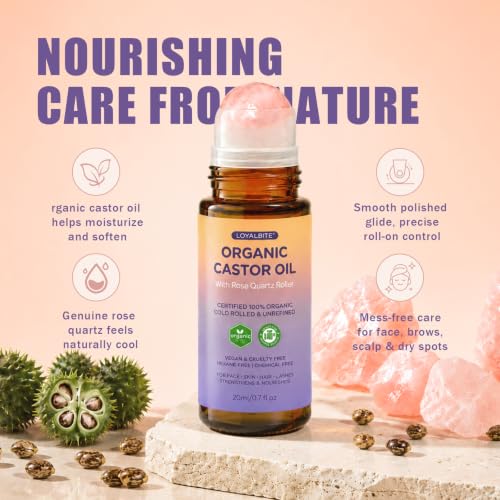 Organic Castor Oil Roll-On with Rose Quartz for Hair & Skin – 1.7 Oz