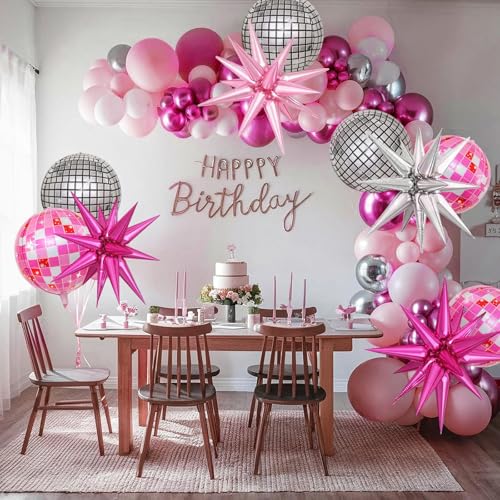 10pcs Disco Ball Party Balloons - Pink & Silver Mylar Decorations