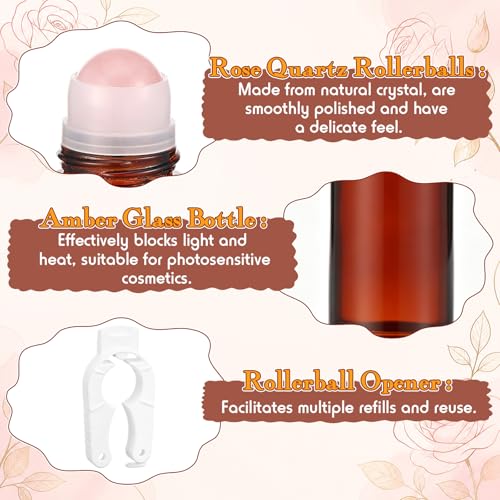 Novabright 2 Pack Pink Rose Quartz Roller Bottles 50ml - Amber Glass Applicators for Essential Oils & Perfumes