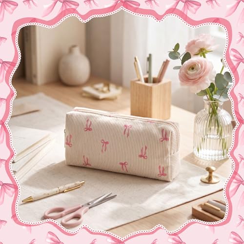 Dansydaisy Beige Coquette Makeup Bag with Pink Bow Zipper