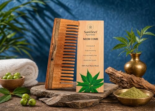 Neem Wood Shampoo Comb - Natural Wide Tooth Detangling Comb for All Hair Types