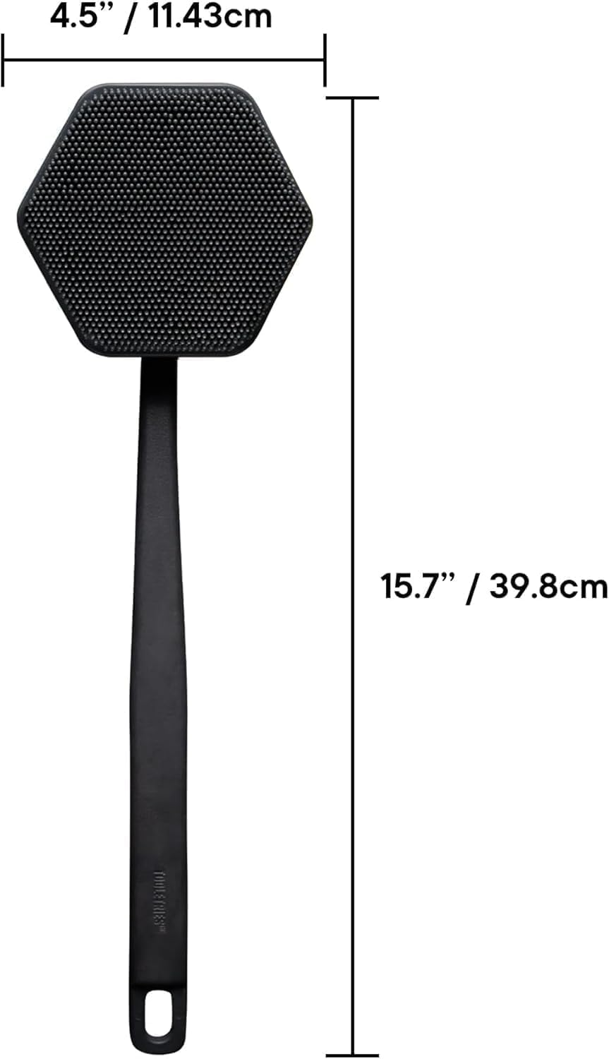Silicone Back Scrubber for Shower - Exfoliating Bath Brush with Long Ergonomic Handle & Non-Slip Grip | Charcoal Color