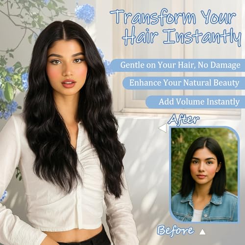 TressGlam 24 Inch Wavy Halo Hair Extensions - Natural Black Invisible Wire