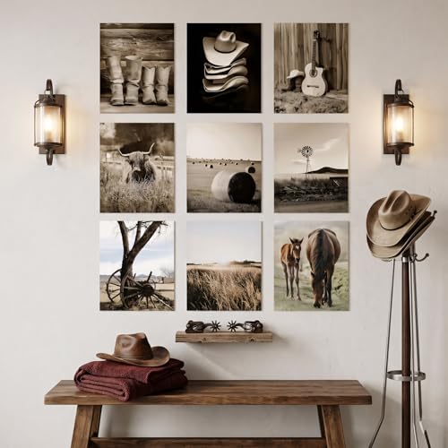 9-Piece Vintage Western Cowboy Wall Art Set - Rustic Farmhouse Canvas Prints 8x10in Unframed