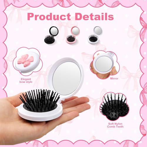 12 Pack Foldable Travel Hair Brush with Mirror - Bow Design, Multi Color