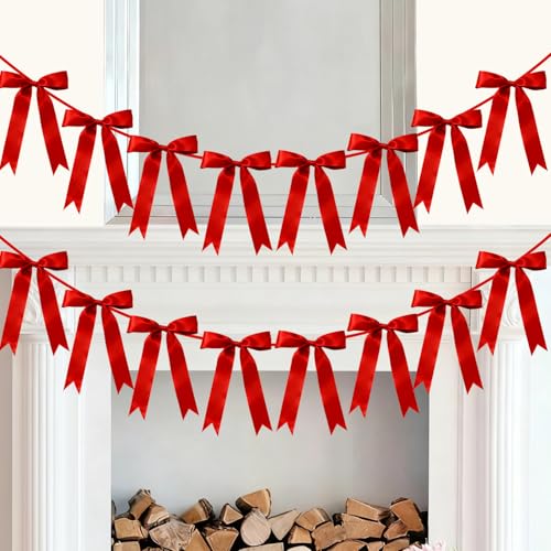 Red Bow Garland Banner Decoration - 6.7FT Pre-Strung Satin Ribbons