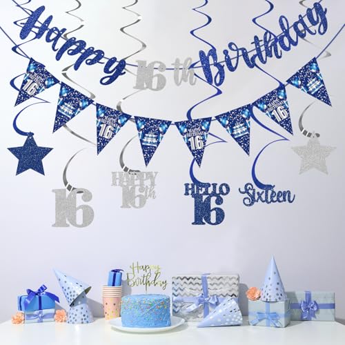 16th Birthday Decorations Kit - Blue Silver Banners & Swirls