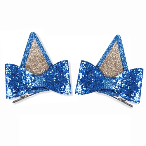 Blue Glitter Dog Ears Hair Clips - 2.5 Inch Barrettes for Parties