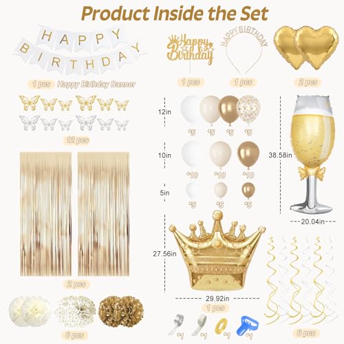 Gold and White Birthday Party Decorations Set | 105 pcs Foil Balloons, Banner, Paper Pompoms & More
