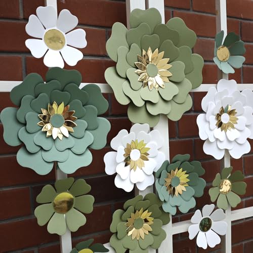 Dusty Green & White Paper Flower Set for Weddings & Nursery Decor - 12 Pack