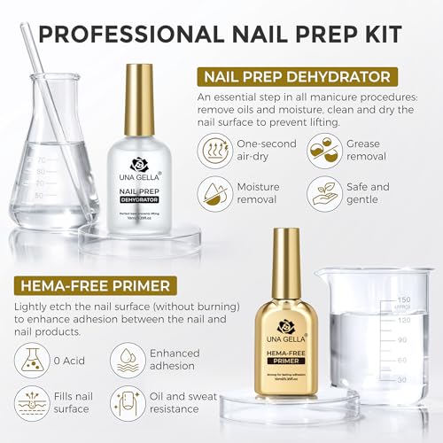 UNA GELLA Nail Dehydrator and Primer Set - HEMA-Free, Acid-Free, 20ml