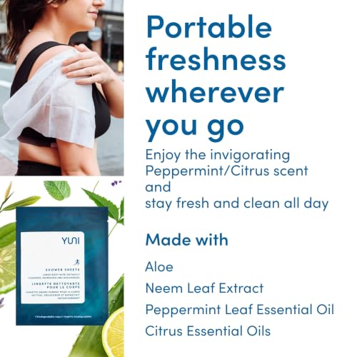 YUNI Beauty Large Body Wipes, Peppermint Citrus, 12 Count - Biodegradable Shower Alternative