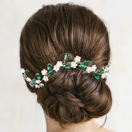 BETITETO Green Crystal Silver Vine Bridal Flower Hair Vine Headpiece for Wedding & Special Occasions