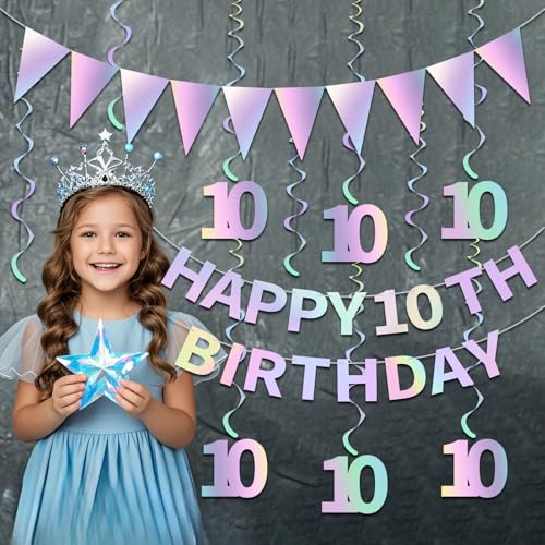 Iridescent 10th Birthday Decorations Kit - Happy 10th Banner & Swirls