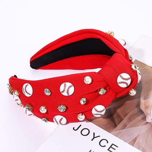 Red Baseball Knotted Headband with Rhinestones, Pearls, and Charms