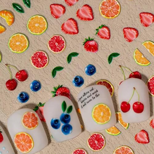 IDDFEVE 5D Embossed Fruit Nail Art Stickers - Cherry, Strawberry, Orange